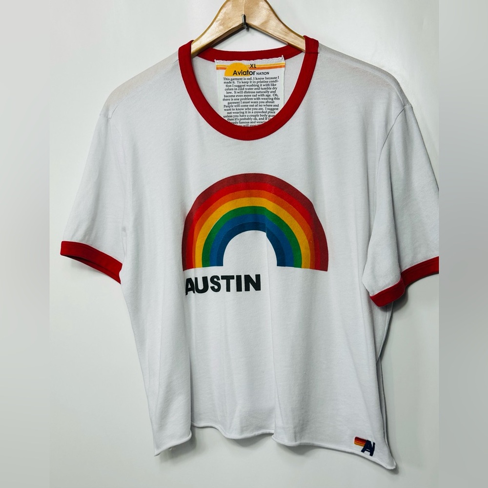 Aviator Nation Austin Rainbow Graphic Short Sleeve Raglan Crop Top Size XLARGE - Picture 11 of 11